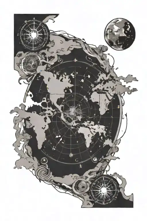 World Map And Compass Intertwined With The Moon Phases Under It