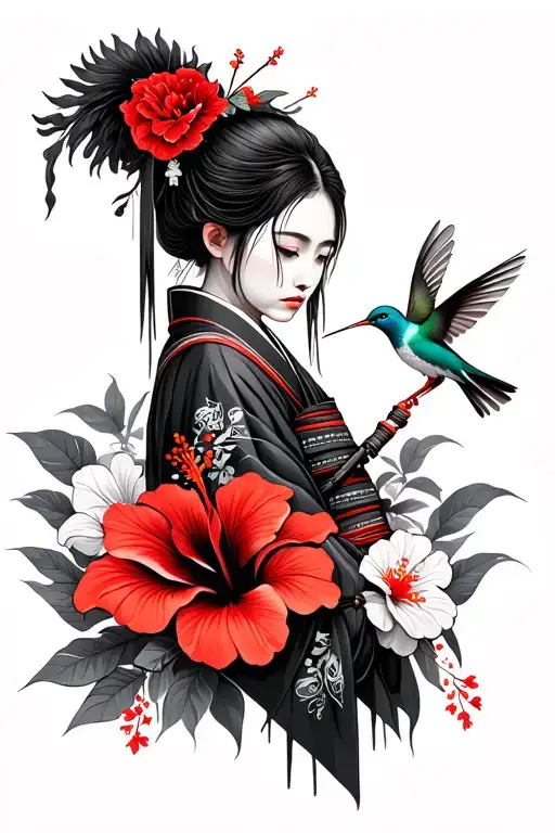 Female Samurai With Red Hibiscus Flowers And A Hummingbird With Long Tails