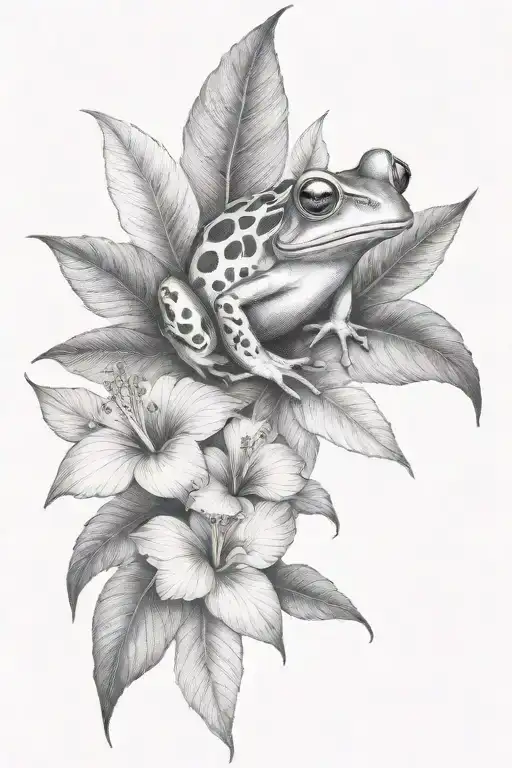 Frog And Tropical Leaves And Hibiscus