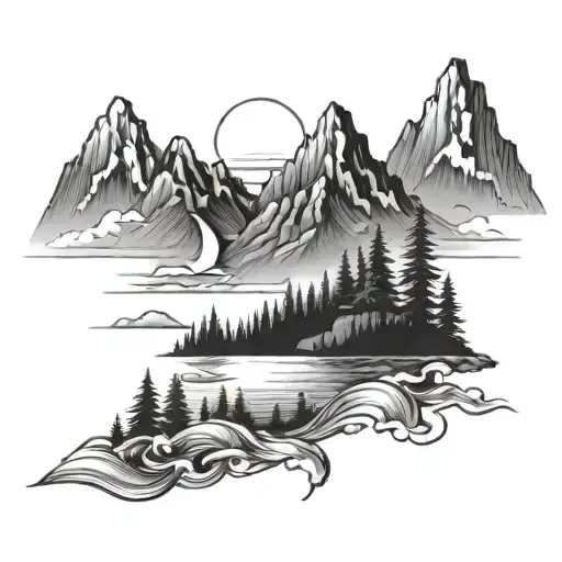 Mountains Forest And Ocean Scene