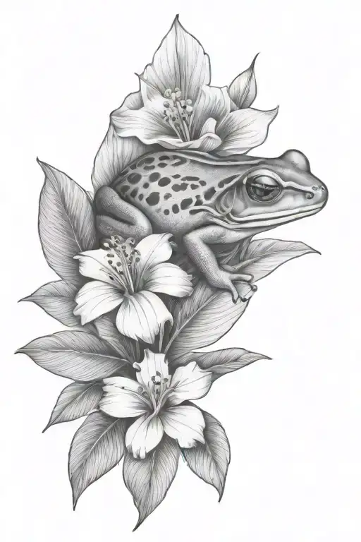 Litle Frog And Tropical Leaves And Hibiscus