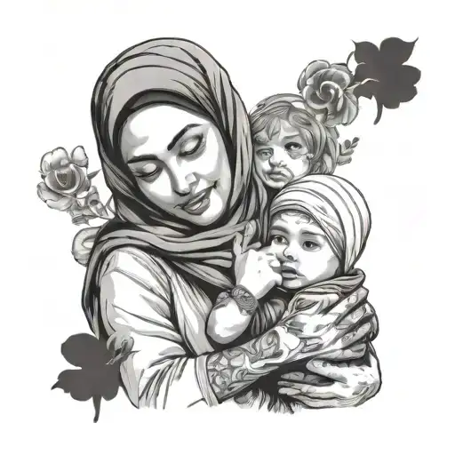 Mother With Hijab Protecting Her Childand