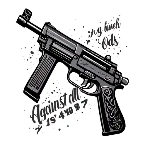 Ak47 Tattoo With Word Against All Odds On Outer Forearm