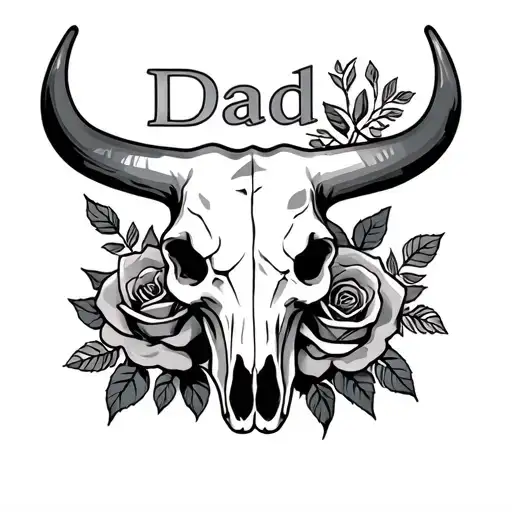 Bull Skull With Roses And Word 'Dad' Gracefully Entwined