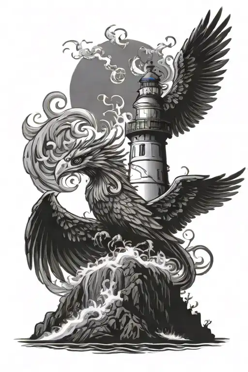 Phoenix And Sea Goat Clashing With Lighthouse In The Background