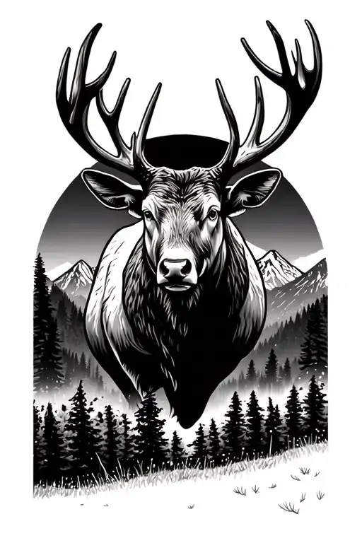 Bull Elk With Mountains