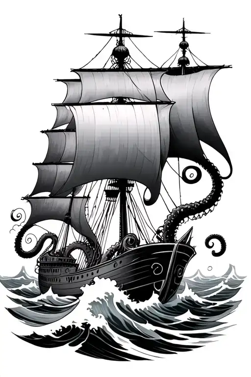 Kraken Attacking Ship With Waves Crashing One Piece Sail