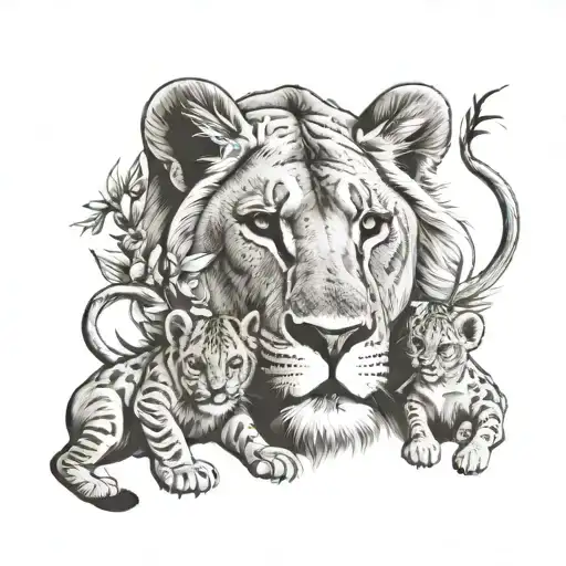 Mother Lion With Her Babies Grow