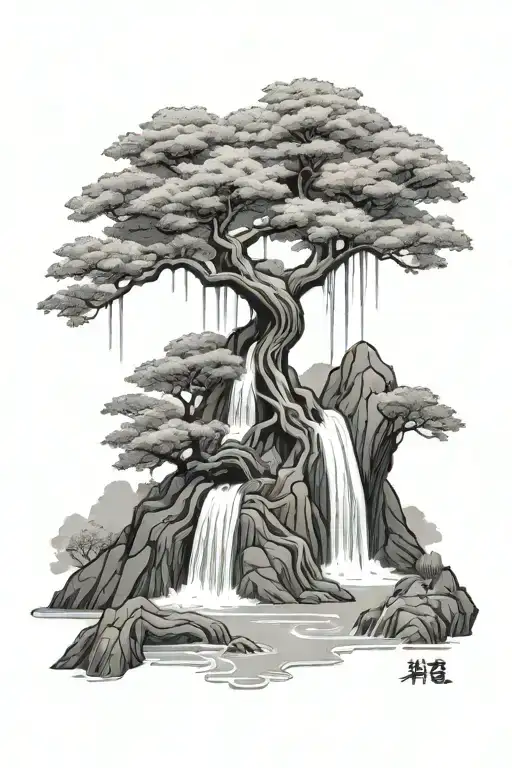 Japanese Tree Waterfall Flowing