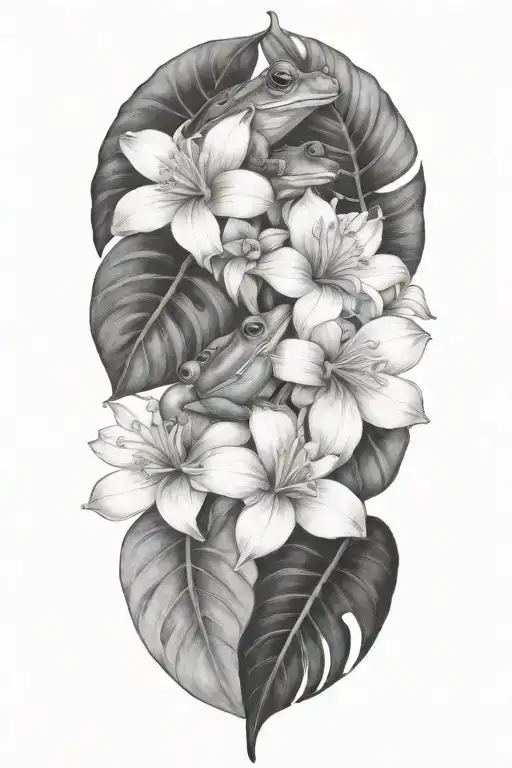 Tropical Leaves With Flowers An Frog