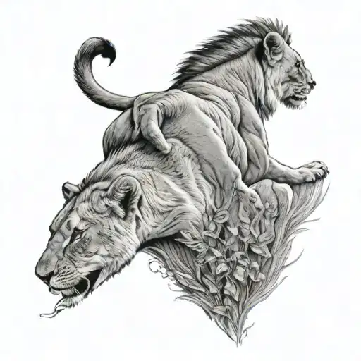 Mother Lion Directly Behind Cub Looking Back