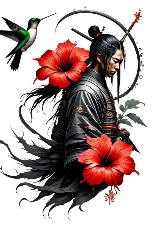 Samurai With Red Hibiscus Flowers And A Hummingbird With Long Tails