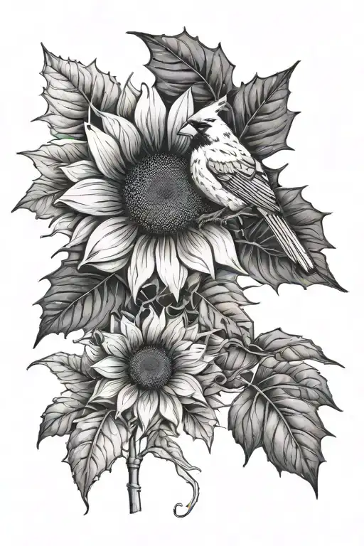 Sunflower With Holly Leaves And A Cardinal