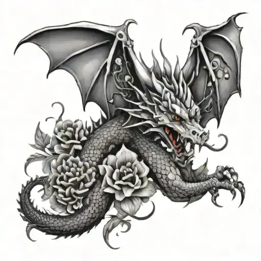 A Mystical Dragon With Flowers Around