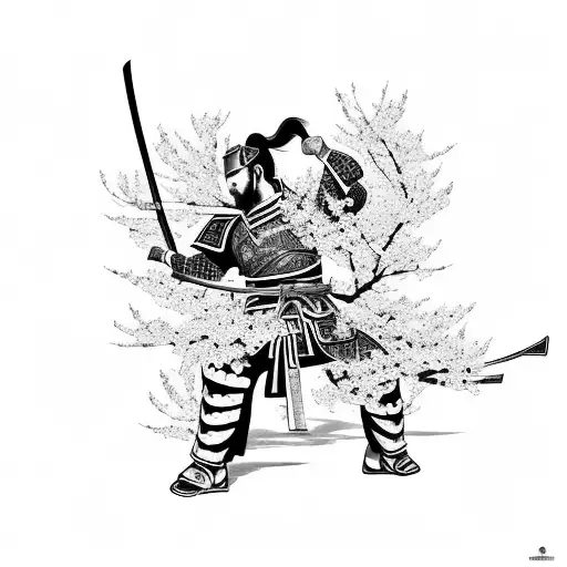 Samurai Warrior In Combat Stance Surrounded By Cherry Blossoms