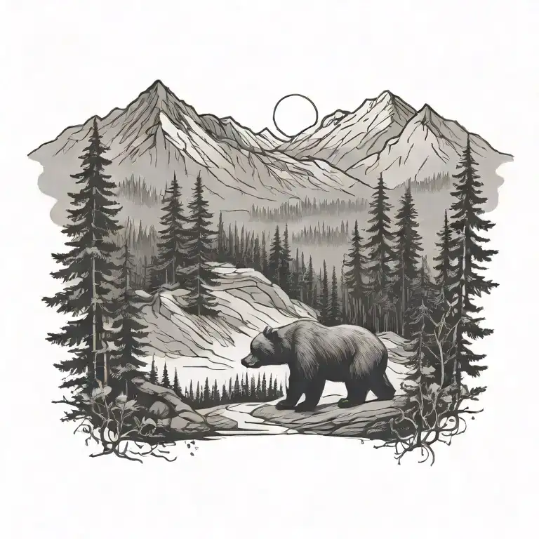 A Black-grey Tattoo Of A Bear Hiking Up A Mountain Trail Surrounded By Trees
