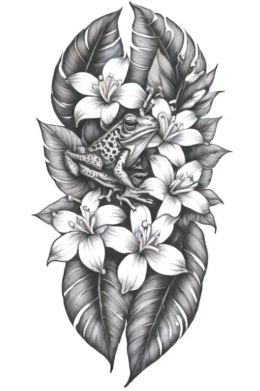 Tropical Leaves With Flowers An Frog