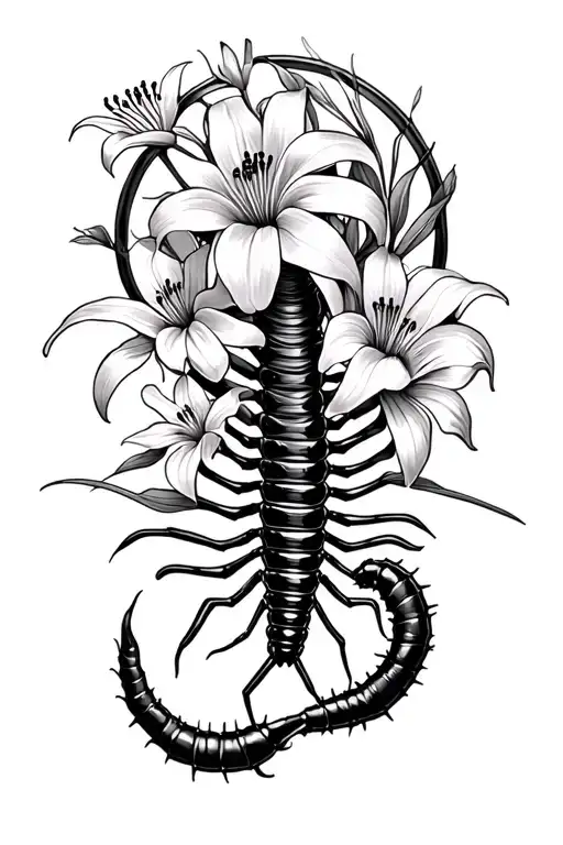 Get A Centipede Tattoo With Spider Lilies In A Circle Of The Forearm
