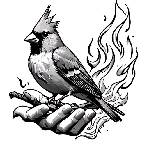 Line Work Hand With Finger Tips On Fire Holding A Cardinal
