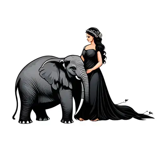 Elephant And Lady On One Line Tattoo Design Inspired