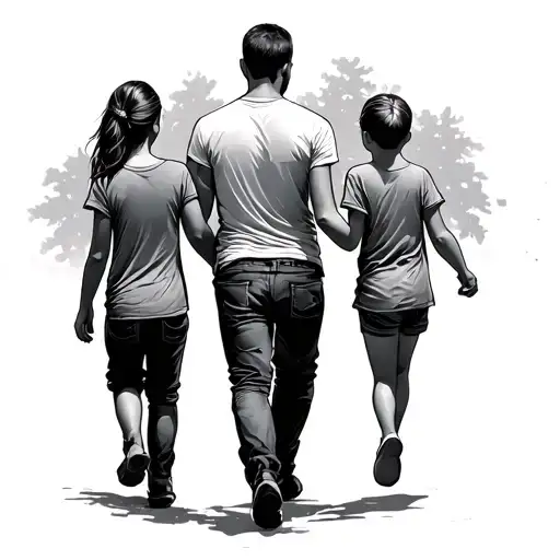 Father Walking With Son And Daughter