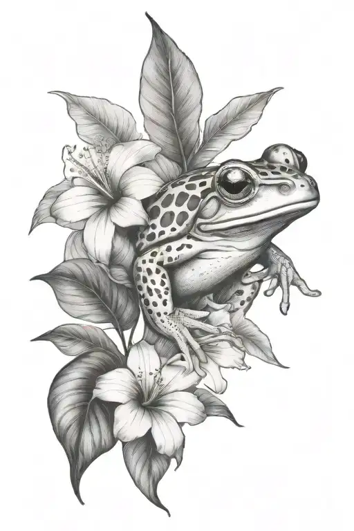 Small Frog And Tropical Leaves And Hibiscus