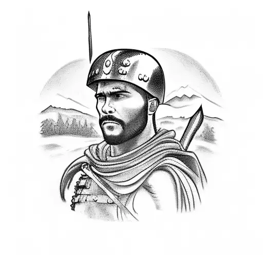 A Tattoo Design Of A Roman Soldier Hiking Through The Italian Countryside With A Dog Companion