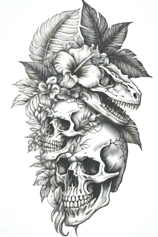 Tropical Leaves With Hibiscus An T Rex Skull