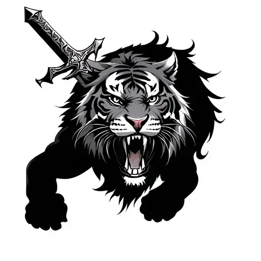 Sabre Tooth Tiger With Sword Tattoo Design