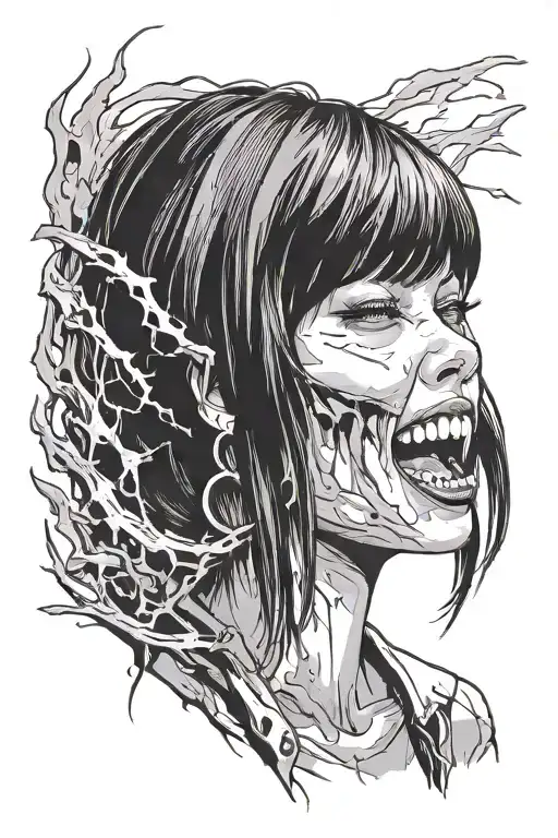 Girl With Black Bob And Bangs With Sharp Teeth And Bloody Face