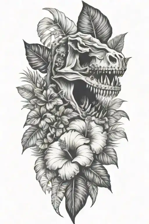 Tropical Leaves And Hibiscus With T Rex Skull