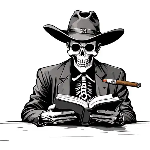Skeleton Cowboy Reading A Book With A Cigar Leaning