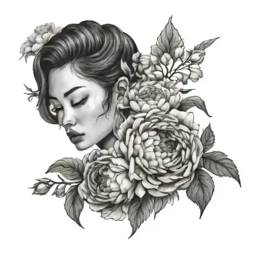 Portrait Of Women With Japanese Peonies Blooming