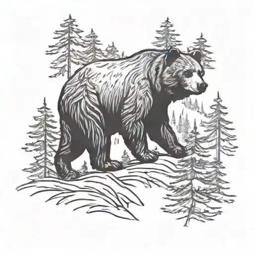 Black Bear With Forest Landscape And Pine Trees
