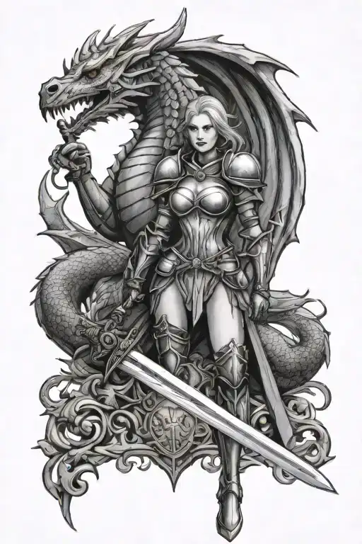 Gothic Architecture Female Knight Holding A Sword Dragon
