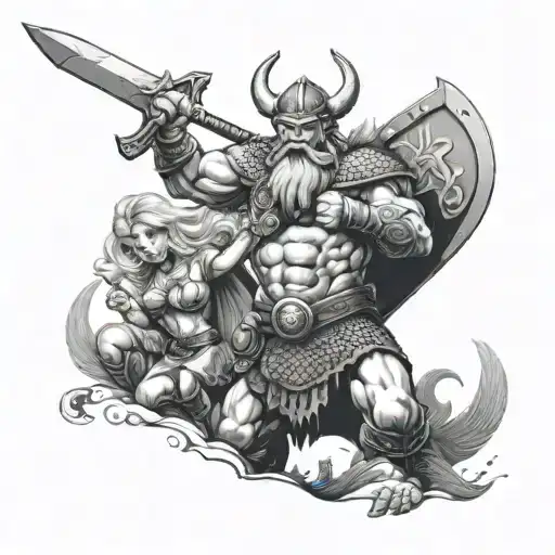 Grayscale Savage Viking Protecting 2 Beautiful Daughters In Battle