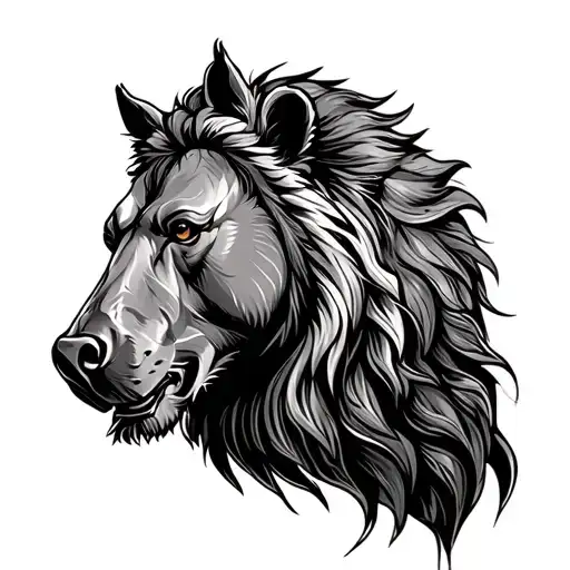 Lion Head Above A Bear Head Above Horse Head