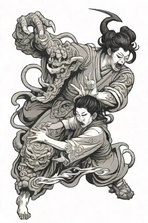 Japanese Woman Fighting A Demon