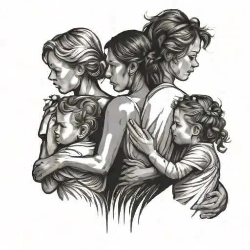 Silhouette Of Mother With Three Daughters