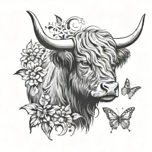 Highland Cow Head Over Butterfly