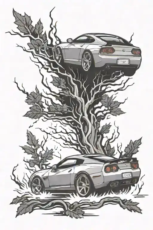 A Sleek Sports Car Racing Through A Forest With Lightning Striking In The Background