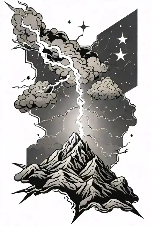 Lightning In A Mountain Range And Stars Symbolizing Strength And Courage And Perseverance