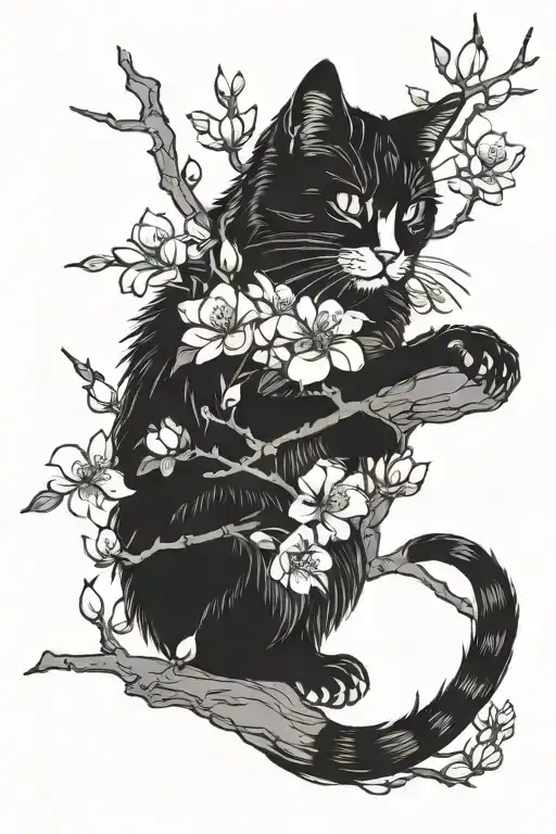 Cat In Sakura Branches