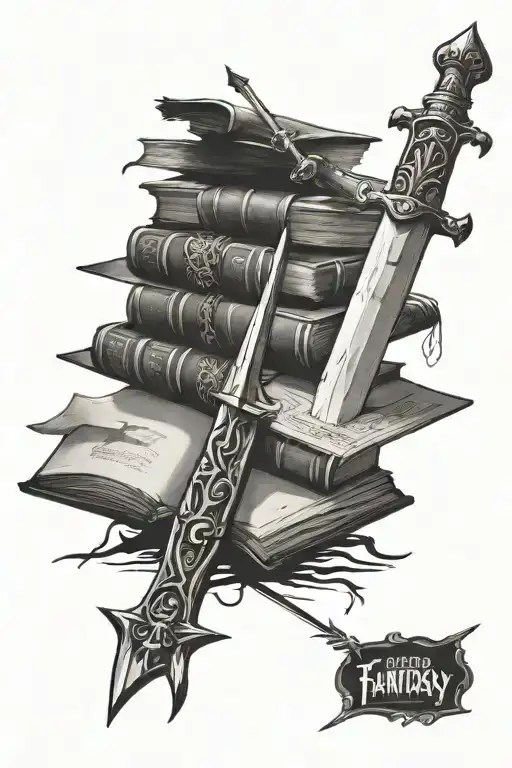 Stack Of Fantasy Books With A Sword Coming From The Top Open Book