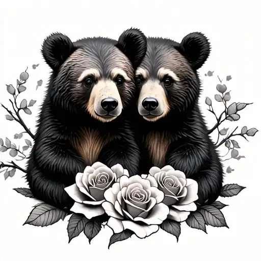 Bear Cubs With Roses And Tree