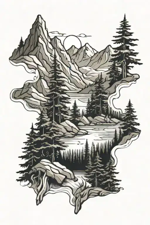 Mountains And Western Hemlock Trees With River