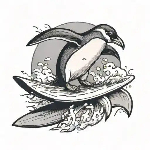 Penguin Surfing Comic Style
