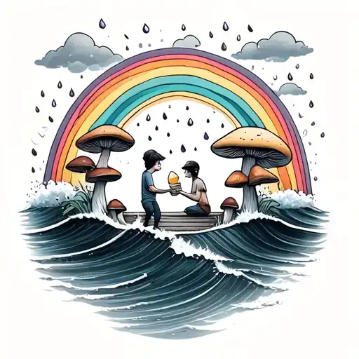 Rainy Rainbow With Mushrooms And A Couple Who Is Eating An Ice Cream On The Board Of The Ocean