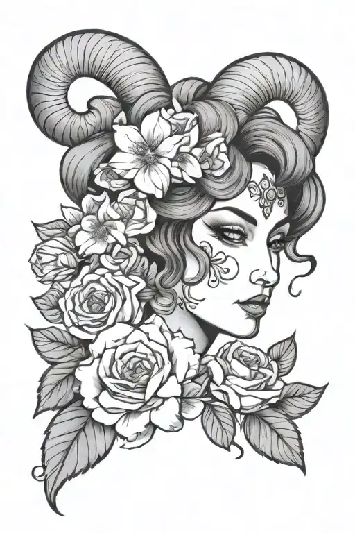 Aries Woman Face With Flowers