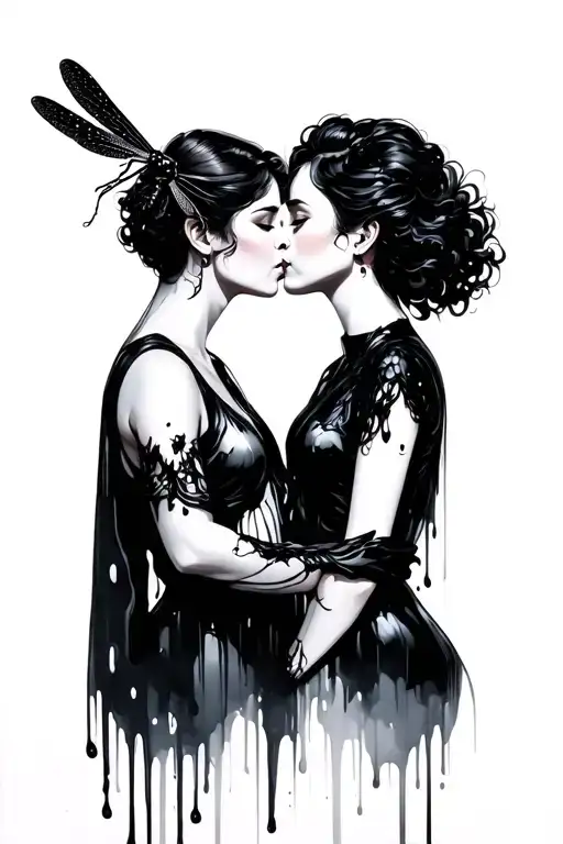 Dragonfly In Thick Black Oil Impressionism Man Woman Kiss